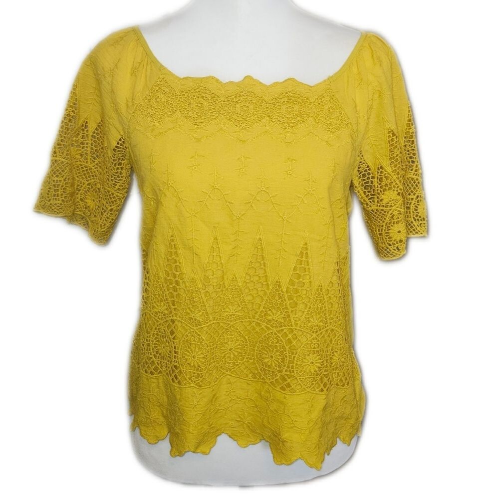 Seen Worn Kept Yellow Lace Blouse Top, Lined, Short Sleeves, 2